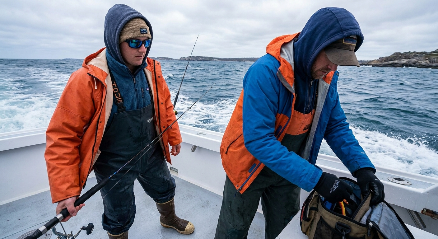 Angler wearing proper deep sea fishing clothing and gear in Gloucester, ready for offshore fishing adventure