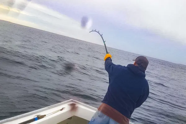 Tuna Tail Charters floats in calm waters near Gloucester's shoreline.