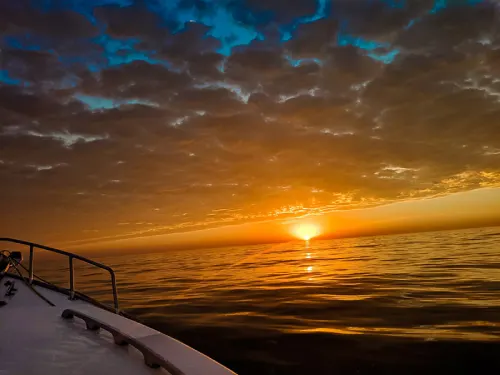 A man stands with his dog aboard Tuna Tail Charters.